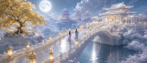 月河银桥桂影流光东方月宫云海大景 - AI图片提示词示例