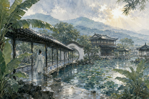北宋江南园林雨后墨色书生全景图 - AI图片提示词示例
