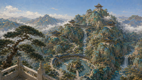 青绿山水间叠石造园的绝美俯瞰画卷 - AI图片提示词示例