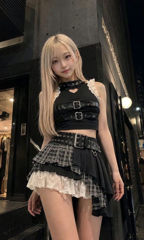 日系偶像感哥特朋克少女夜色街拍 - AI图片提示词示例