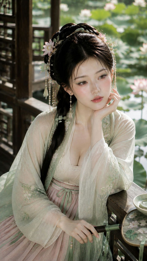 江南贵女夏日荷塘水榭清润美妆人像 - AI图片提示词示例