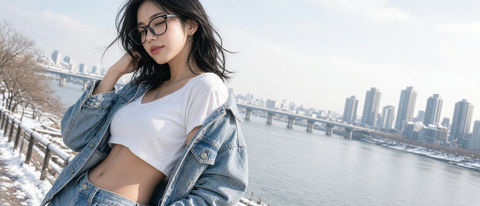 汉江雪景清纯日韩系眼镜美女写真 - AI图片提示词示例