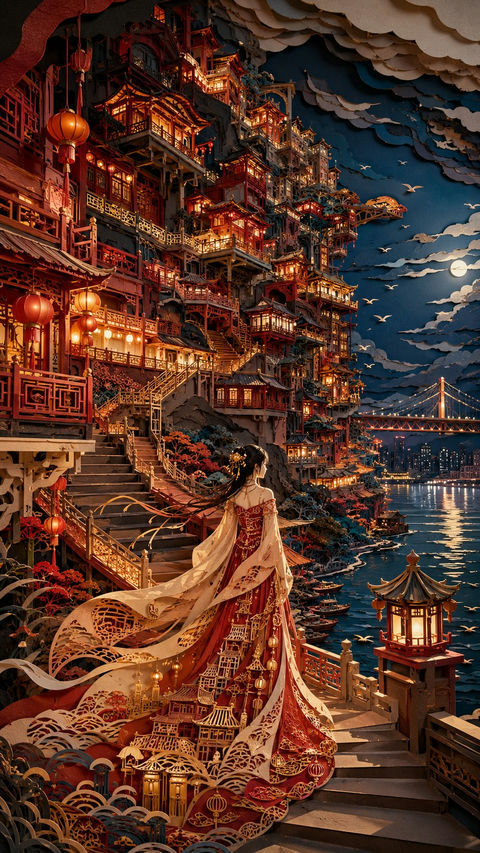 梦境东方立体纸雕女性洪崖洞夜游 - AI图片提示词示例