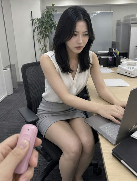 办公室主观视角忍耐表情少女 - AI图片提示词示例
