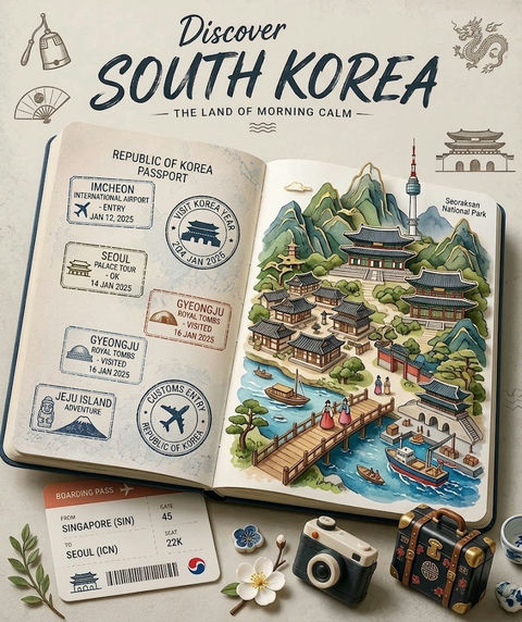 手绘旅行手帐立体水彩插画 - AI图片提示词示例