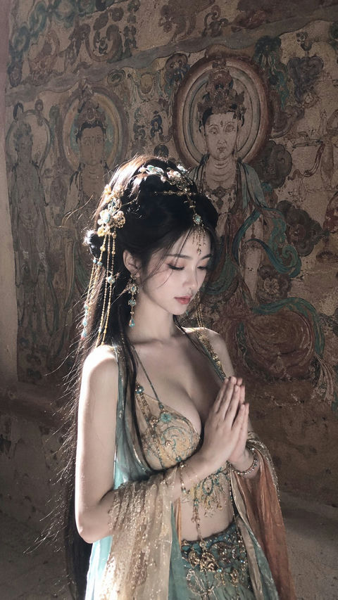 敦煌风梦核感自拍女性 - AI图片提示词示例