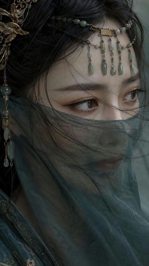 古风极近景半面遮纱东亚女性人像 - AI图片提示词示例