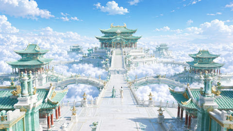 青碧玉阙正午云城东方天宫全景 - AI图片提示词示例