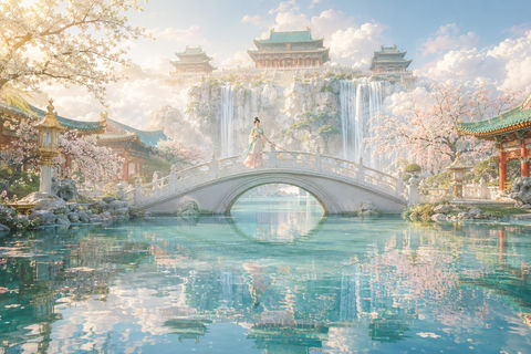 瑶池飞泉玉桥春云东方仙境大景 - AI图片提示词示例
