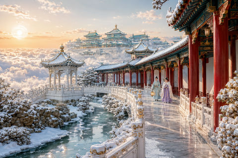 琼林雪苑玉树宫廊：东方天宫冬景之美 - AI图片提示词示例