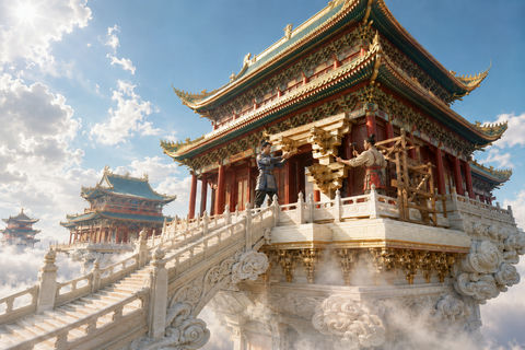东方云端天宫修复匠人修筑盛景 - AI图片提示词示例