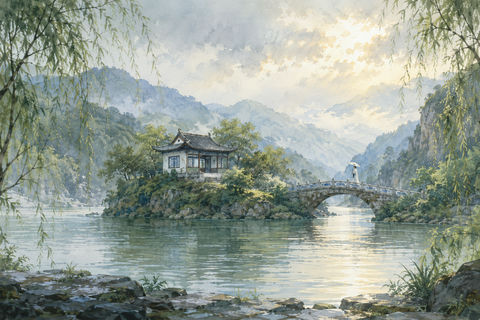 宋风雅韵：雨后江南峡谷水彩长卷 - AI图片提示词示例