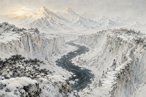 雪霁大江峡谷水墨孤旅意境图 - AI图片提示词示例