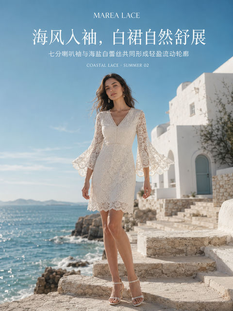 海风入袖夏日蕾丝品牌视觉海报 - AI图片提示词示例