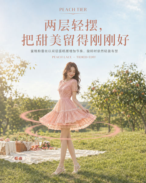 蜜桃蕾丝双层蛋糕裙夏日果园KV - AI图片提示词示例