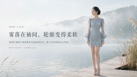 雾蓝湖畔蕾丝灯笼袖品牌官网大片 - AI图片提示词示例