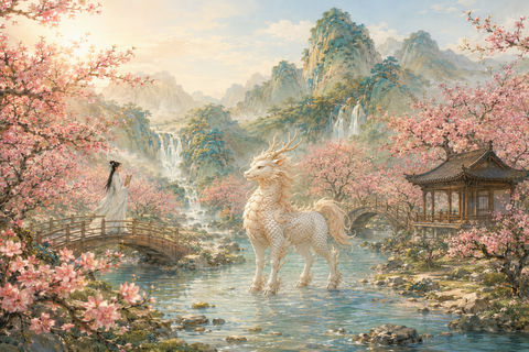 桃花深谷麒麟现，月白佳人立画桥 - AI图片提示词示例