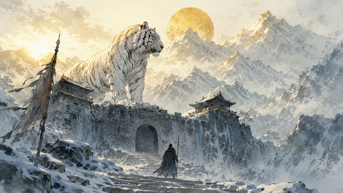 水墨写意白虎镇守雪山天关圣境 - AI图片提示词示例
