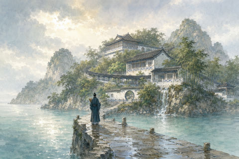 宋韵遗风春雨初歇海上仙山书院 - AI图片提示词示例