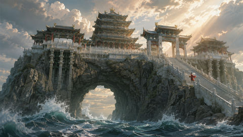 北宋界画风海蚀巨门仙岛宫城 - AI图片提示词示例