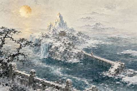 雪霁北海仙岛：水墨泼彩中的孤旅剑客 - AI图片提示词示例