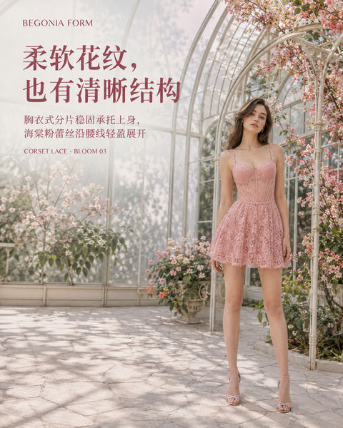 海棠粉蕾丝束腰裙品牌视觉大片 - AI图片提示词示例