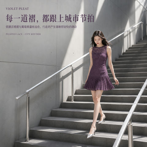 葡萄紫蕾丝百褶裙城市律动品牌视觉 - AI图片提示词示例
