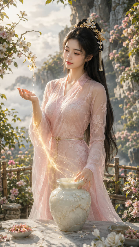 琼露宫花酿师：唐风仙侠清雅少女 - AI图片提示词示例