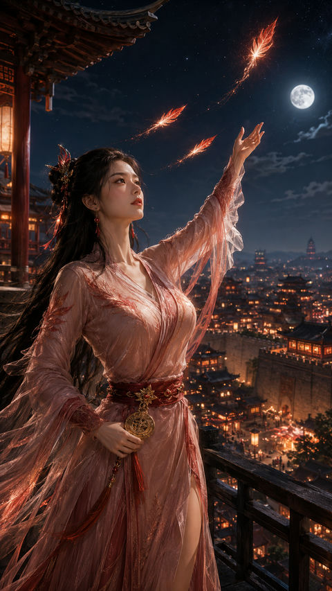 唐风幻想丹凤城巡夜使火羽红裳女修 - AI图片提示词示例