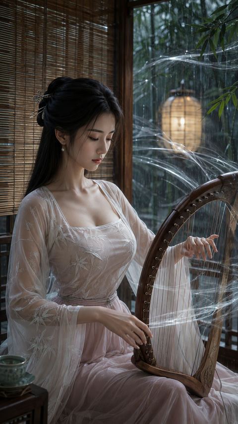 雨竹轩中弄箜篌，唐风仙侠少女清雅如诗 - AI图片提示词示例