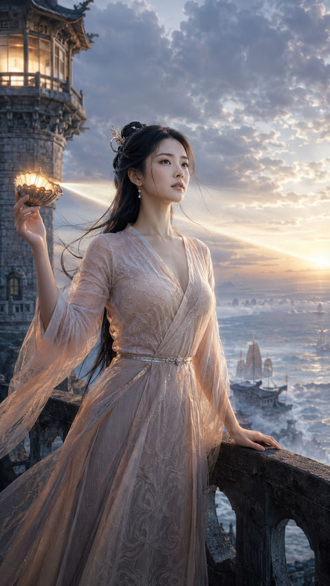 盛唐幻梦：东海灵塔守灯人 - AI图片提示词示例