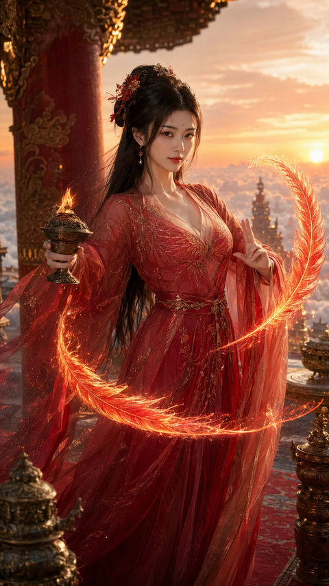 盛唐幻梦：朱雀宫司火圣女赤霞写真 - AI图片提示词示例