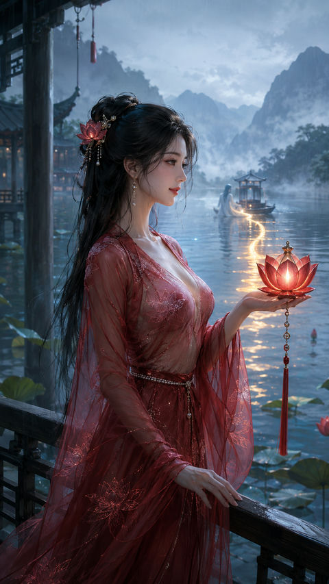 赤莲湖畔的温柔引渡：唐风仙侠少女写真 - AI图片提示词示例