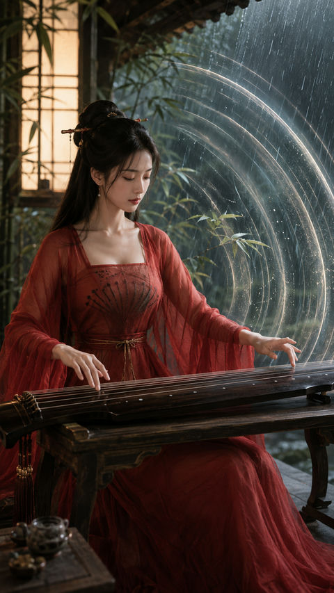 唐风幻想：朱弦阁琴修少女雨幕海报 - AI图片提示词示例