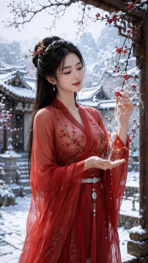 红梅傲雪：唐风仙侠药师灵息写真 - AI图片提示词示例