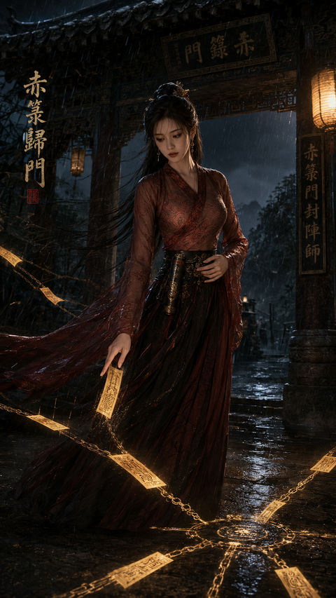雨夜赤箓门：封阵女修的端丽禁术时刻 - AI图片提示词示例