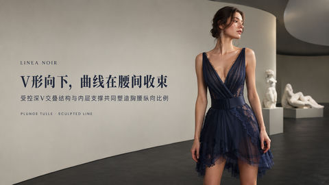 墨蓝深V薄纱裙美术馆品牌视觉大片 - AI图片提示词示例