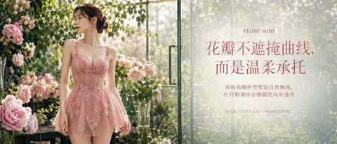牡丹粉花瓣杯型薄纱短裙品牌视觉大图 - AI图片提示词示例