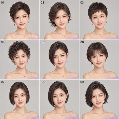 同身份女性九宫格短发造型图鉴 - AI图片提示词示例