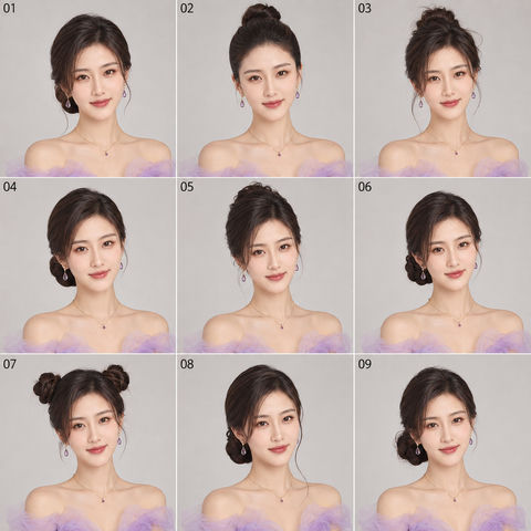 九宫格女性发型妆容对比图 - AI图片提示词示例