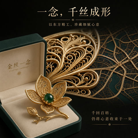 金丝一念：花丝镶嵌玉兰胸针高端商业插画 - AI图片提示词示例