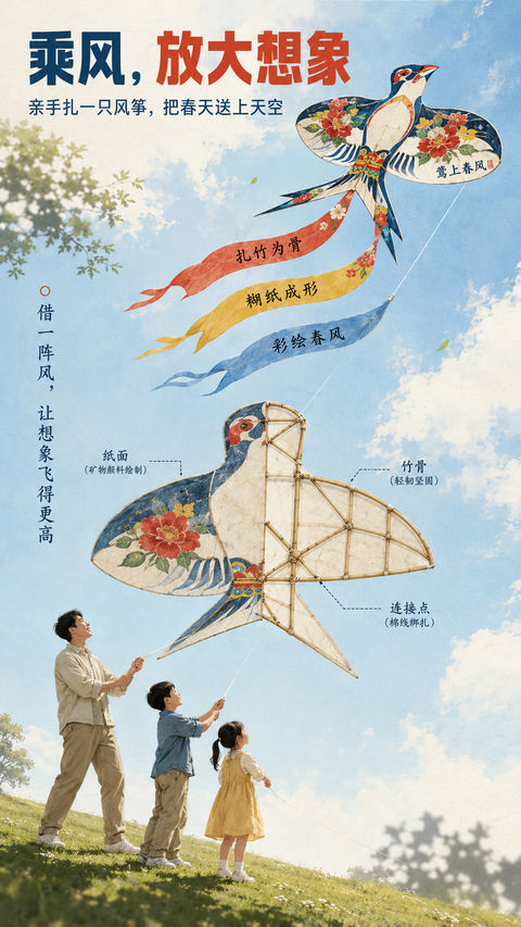 鸢上春风传统纸鸢亲子教育商业插画 - AI图片提示词示例