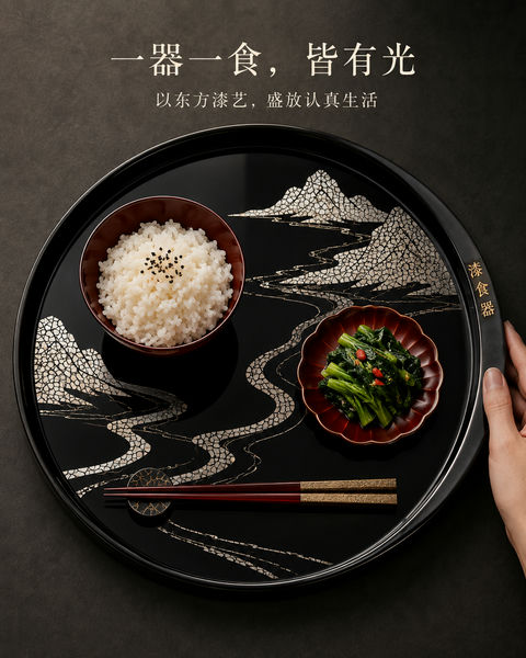 东方大漆蛋壳镶嵌食色美学插画 - AI图片提示词示例