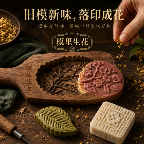 模里生花：中式糕点木模商业包装插画 - AI图片提示词示例