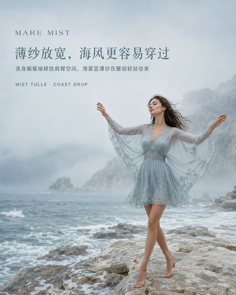 海雾蓝薄纱蝙蝠袖短裙社媒封面大片 - AI图片提示词示例