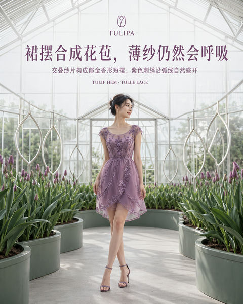 郁金香紫薄纱蕾丝裙品牌社媒封面 - AI图片提示词示例