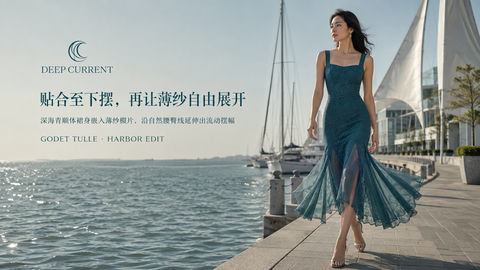 深海青薄纱蕾丝裙海港品牌视觉大片 - AI图片提示词示例
