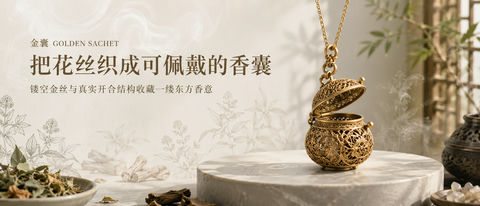 东方香事古法金花丝香囊超宽品牌视觉 - AI图片提示词示例