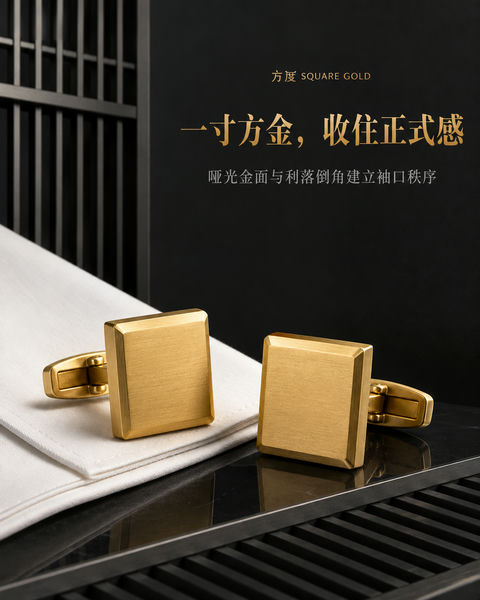 建筑秩序下的方度：哑光金袖扣品牌视觉大片 - AI图片提示词示例