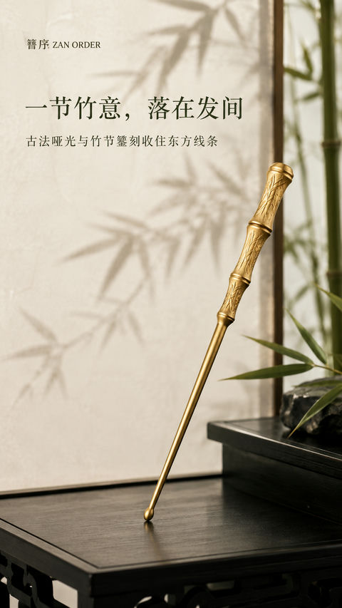 簪序古法金竹节发簪东方美学手机开屏页 - AI图片提示词示例